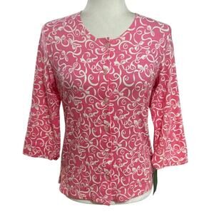 Lilly Pulitzer Pink White Printed Cotton Stretch Button Top S NWT Bow Detail